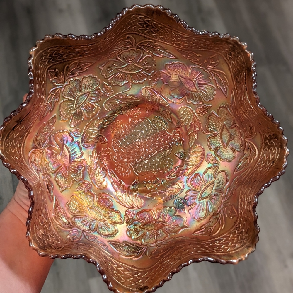 Vintage Footed Bowl Two Flowers Marigold Carnival by Fenton